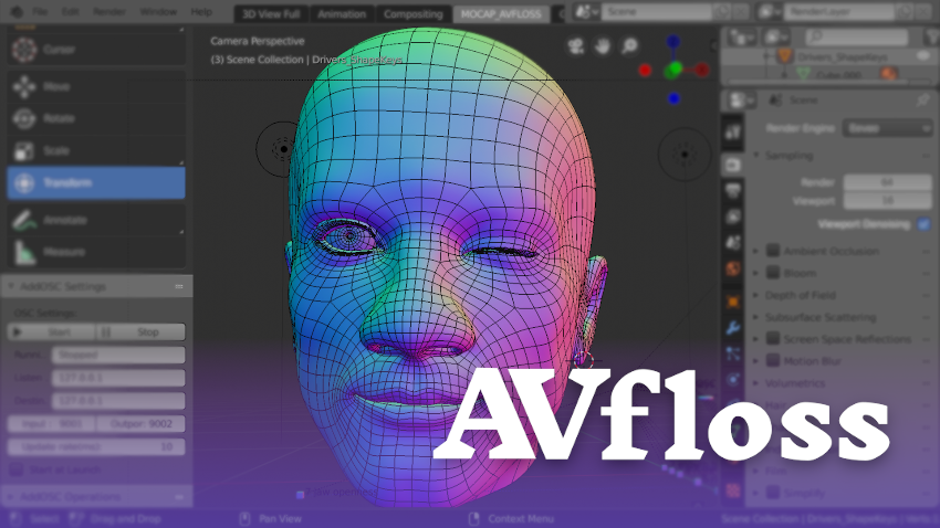Imagen de cabecera del grupo de trabajo: Avfloss. Interfaz de Blender con un modelo de cabeza 3D