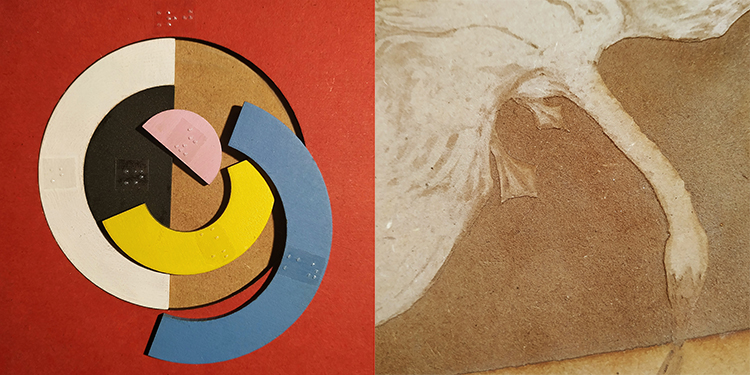 modelos en madera de dos cuadros de Hilma af Klint, el primero una obra abstracta a base de círculos en forma de puzzle, el segundo con un cisne grabado en madera