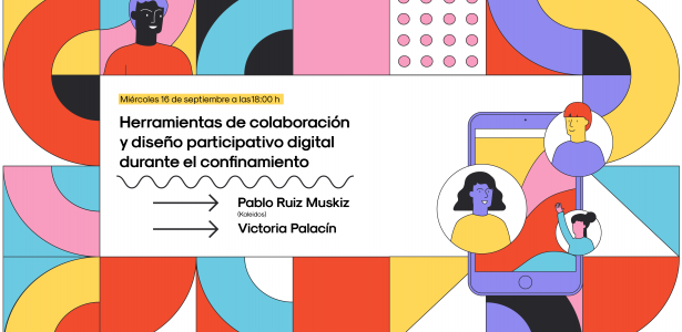 ilustración de dos personas hablando con la gráfica del cartel
