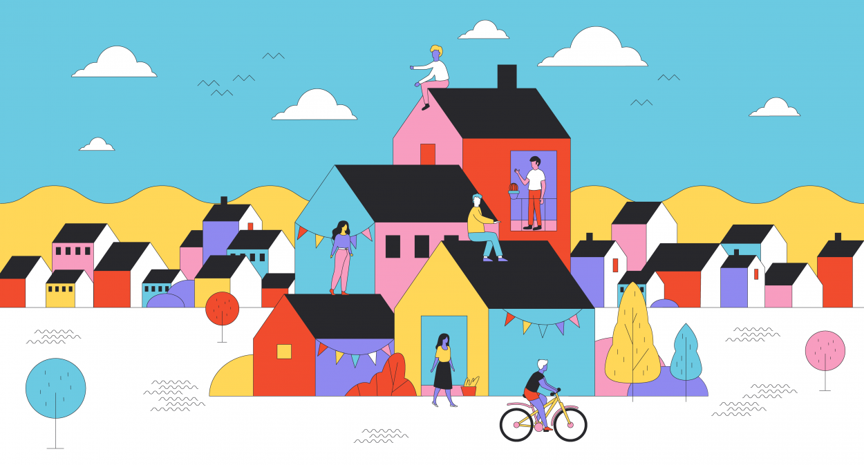Dibujo multicolor de casas y personas
