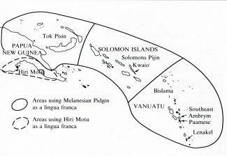 Mapa de la distribución geográfica las "linguas francas" en las islas Vanuatu  (imagen provisional del proyecto)