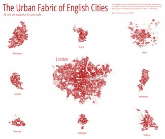 Imagen de Alasdair Rae "The Urban Fabric of English Cities  I created this image using the buildings layer from Ordnance Survey's Open Data VectorMap District product." https://flic.kr/p/qixmSq