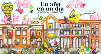 Dibujo colorido del edificio de Medialab Prado con personajes fantásticos