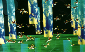 Simulación por ordenador de una bandada de aves. Imagen de Craig W. Reynolds, en “Flocks, Herds, and Schools_ A Distributed Behavioral Model,” Computer Graphics 21, n.º 4 (julio de 1987)_ 25–34