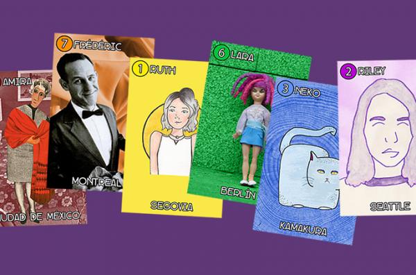 6 cartas de la nueva baraja de las familias. Cada una tiene uno de los colores de la bandera del arcoiris.