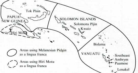Mapa de la distribución geográfica las "linguas francas" en las islas Vanuatu  (imagen provisional del proyecto)