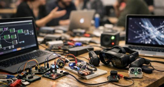 Circuitos, pantallas de ordenador y unas gafas de realidad virtual sobre una mesa